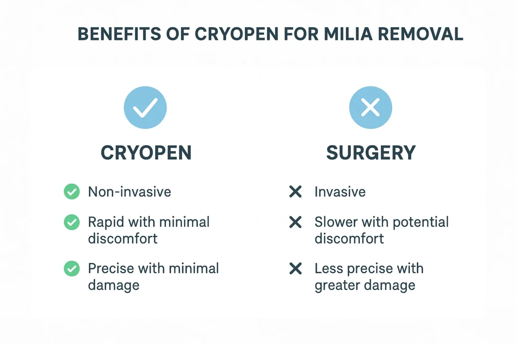 Benefits of cryopen for milia removal Tring compared to surgical treatments.
