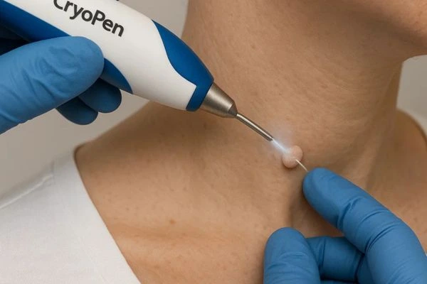 Person receiving cryotherapy Tring for skin tag removal