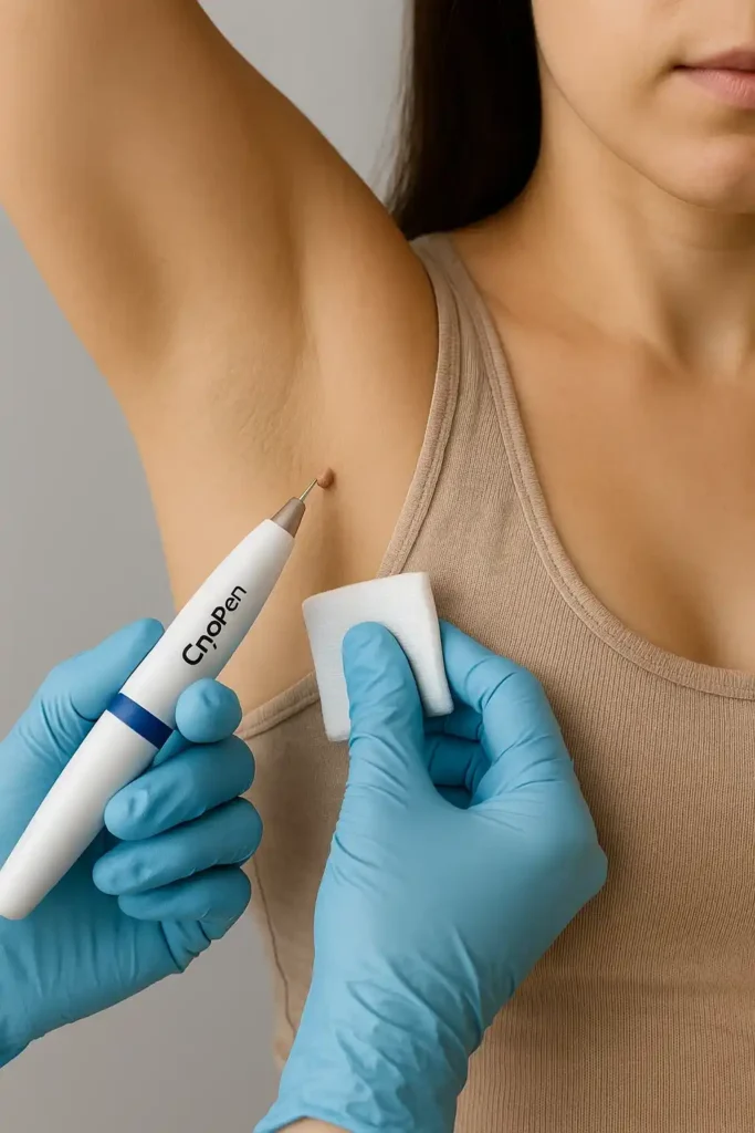 woman having cryopen to remove underarm skin tags Tring