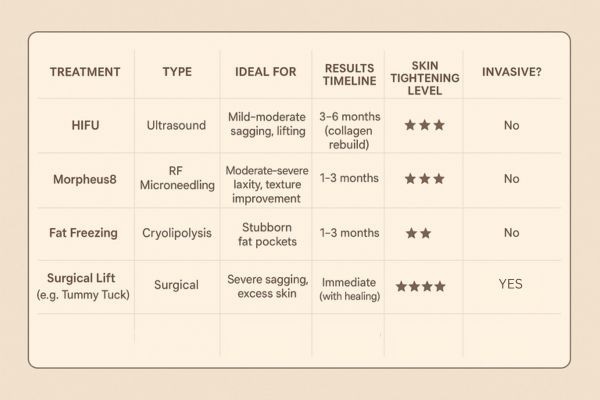 Table showing the comparisons of Skin tightening Tring treatment options.